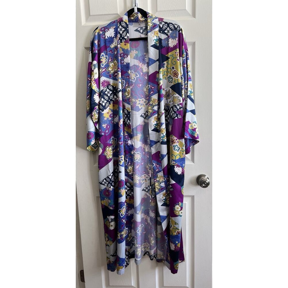 NATORI Deco Soft Satin Mandarin Geometric Floral Purple Kimono Robe XL NO BELT